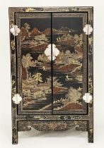 SIDE CABINET, 100cm H x 32cm D x 57cm W, Chinese black lacquered, gilt Chinoiserie decorated and