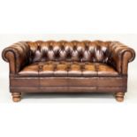 CHESTERFIELD SOFA, 180cm W, nicely aged mid brown buttoned leather with curved back and arms.