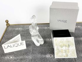 LALIQUE MASQUE DE FEMME BLANC BOX AND A LALIQUE NUDE APHRODITE FIGURINE, 13cm H, box 9cm, masque