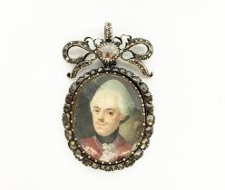 A LATE 18TH CENTURY GILT METAL PORTRAIT MINIATURE PENDANT, diamond encrusted surround set with