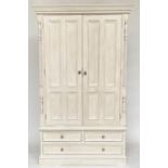 ARMOIRE, French style traditionally grey painted with two twin panelled doors enclosing hanging