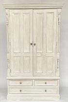 ARMOIRE, French style traditionally grey painted with two twin panelled doors enclosing hanging