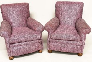 ARMCHAIRS, a pair, Edwardian with scroll arms and back, feather filled cushions and bun supports,