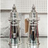 LIGHT HOUSE COCKTAIL SHAKERS, a pair, polished metal, 35cm H. (2)