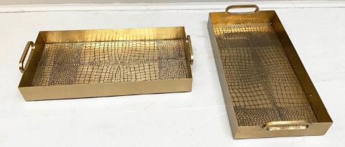 COCKTAIL TRAYS, a pair, faux crocodile embossed gilt metal design, 8cm x 49cm x 23cm. (2)