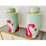 GINGER JARS, pair, 40cm H x 20cm diam., glazed ceramic with flamingo design. (2)