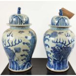 TEMPLE JARS, a pair, 52cm H, Chinese export style blue and white ceramic. (2)