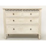 COMMODE, French style traditionally grey painted with pierced frieze and four drawers, 75cm H x 89cm