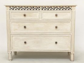 COMMODE, French style traditionally grey painted with pierced frieze and four drawers, 75cm H x 89cm