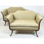 SETTEES, 86cm H x 127cm W, a pair, 20th century, with squab seat cushions in taupe linen on sabre