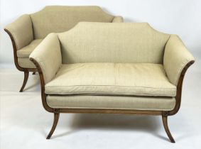 SETTEES, 86cm H x 127cm W, a pair, 20th century, with squab seat cushions in taupe linen on sabre