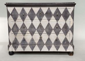 HARLEQUIN COMMODE, 19th century Continental pattern, decorated with three long drawers and bun