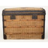 DOMED CARRIAGE TRUNK, 19th century French striped fabric and metal bound with rising lid and