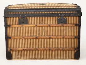 DOMED CARRIAGE TRUNK, 19th century French striped fabric and metal bound with rising lid and