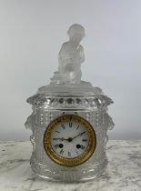 BACCARAT MANTLE CLOCK, late 19th century etched and frosted glass, with putto seated figural top,