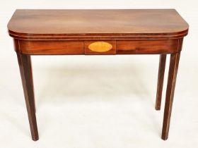 CARD TABLE, George III mahogany and boxwood strung, D shaped foldover baize lined, 91cm x 44cm D x