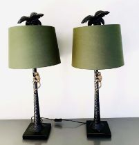 TABLE LAMPS, a pair, 84cm high x 36cm diam, in the form of palm trees with climbing monkeys, with