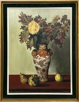 GYORGY KORGA (Hungarian 1935-2002), 'Still life with Kutani vase, fruit and flowers', oil on