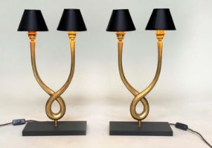TABLE LAMPS, a pair, Porta Romana organic loop lamps interlocking gilt metal supports and marble