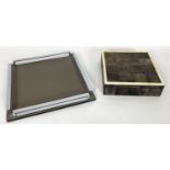 DAVID LINLEY SQUARE TRAY, chrome and leather along with an Augousti style skin and bone inset square