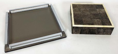 DAVID LINLEY SQUARE TRAY, chrome and leather along with an Augousti style skin and bone inset square