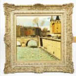 GERARD PASSET (1936-2013), 'Pont Saint Michel, Paris', oil on canvas, 49cm x 49cm, signed, frame. (