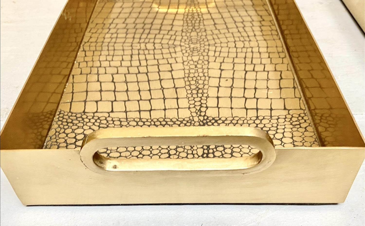 COCKTAIL TRAYS, a pair, faux crocodile embossed gilt metal design, 8cm x 49cm x 23cm. (2) - Image 3 of 4