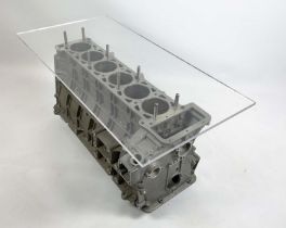 JAGUAR A526/A526 FOUR LITRE ENGINE BLOCK TABLE, with raised rectangular acrylic top, 90cm L x 45cm W