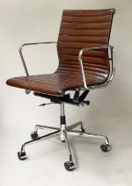 REVOLVING DESK CHAIR, Charles and Ray Eames inspired with ribbed mid brown seat revolving and