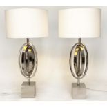 TABLE LAMPS, a pair, R V Asley interlocking nickel on plinths with silk drum shades, 80cm H. (2)