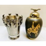 WINE COOLER AND TEA CADDY, the wine cooler with applied lobster figures on the rim, 27cm high,