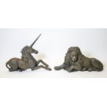 LION AND UNICORN, 19th century cast iron, 36cm H x 71cm W and 55cm H x 66cm W. (2)
