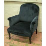 ARMCHAIR, 87cm H x 76cm W, ebonised with black corduroy upholstery.