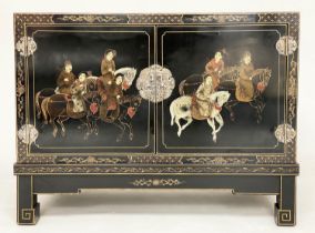 CHINESE CABINET, early 20th century lacquered and gilt chinoiserie decorated with two panel doors,