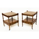 LAMP TABLES, a pair, George III design yewwood, and crossbanded each with two tiers, brushing