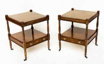 LAMP TABLES, a pair, George III design yewwood, and crossbanded each with two tiers, brushing