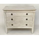 COMMODE, Gustavian style traditionally grey painted with three long drawers and silvered metal