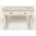 SIDE TABLE, French style traditionally grey painted with two frieze drawers, and tapering
