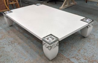 LOW TABLE, 160cm L x 102cm H x 36cm H, white, with polished metal and diamante style detail.