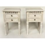BEDSIDE CHESTS, a pair, French style traditionally grey painted each with two drawer and pierced
