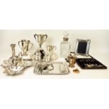 COLLECTION OF ASSORTED SILVER AND PLATED WARE, comprising award trophies photo frames, cake forks,