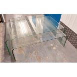 GLASS LOW TABLES, a nesting set of two, minimalist style design, 100cm x 105cm x 35cm at largest. (