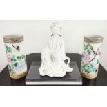 BRUSH POTS, a pair, Chinese famille rose, 28cm H, together with a blanc de chine figure of Guanyin