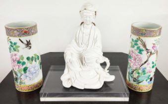 BRUSH POTS, a pair, Chinese famille rose, 28cm H, together with a blanc de chine figure of Guanyin