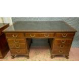 PEDESTAL DESK, 80cm H x 153cm x 84cm, early 20th century mahogany with black leather top above