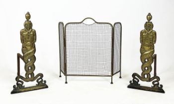 FIRE DOGS, a pair, 19th century iron and brass in the form of mermen, 57cm H, together with a