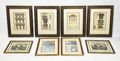 ARCHITECTURAL COLOURED ENGRAVINGS OF ROME, a set of four, 63cm x 51cm, together with two French