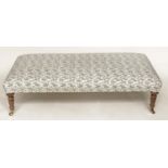 HEARTH STOOL, Country House style rectangular with eucalyptus print linen upholstery and turned