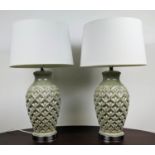 TABLE LAMPS, a pair, grey glazed ceramic, with shades, 74cm H. (2)