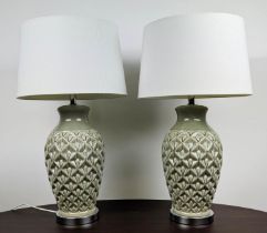 TABLE LAMPS, a pair, grey glazed ceramic, with shades, 74cm H. (2)